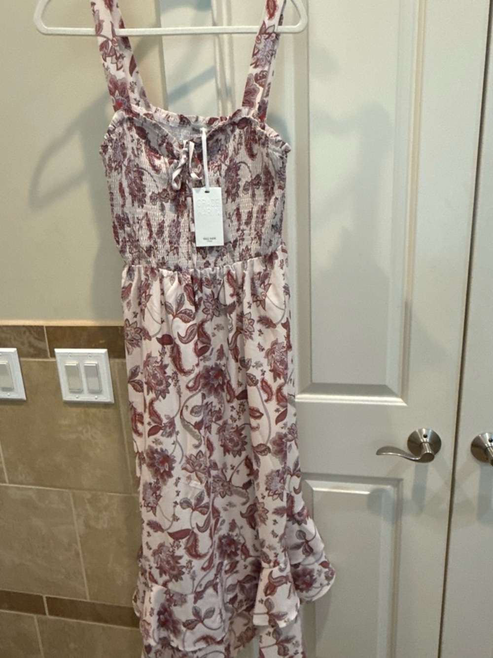 Grace Karin White Maxi Dress with Dusty Rose Floral Print